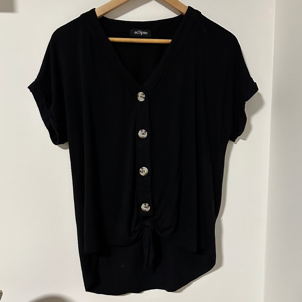 Eclipse Short Sleeve V Neck Tee with Tie Front Button Up Detail Medium Black